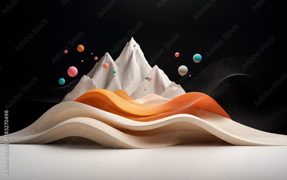 Poster dramatic abstract landscape with a deep black backdrop and a captivating wave pattern formed by past