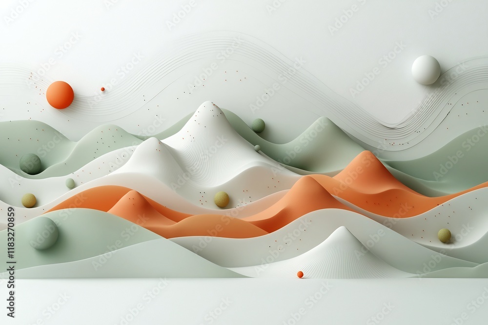Poster pastel peaks a dreamlike landscape of undulating curves and scattered dots in soft soothing hues acr