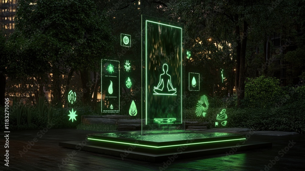 Poster a serene, illuminated meditation display in a lush setting, featuring glowing symbols of nature and 