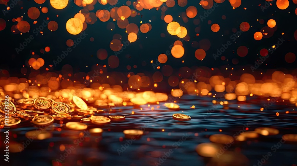Poster chinese new year fortune concept. shimmering gold coins on water with glowing bokeh lights creating 