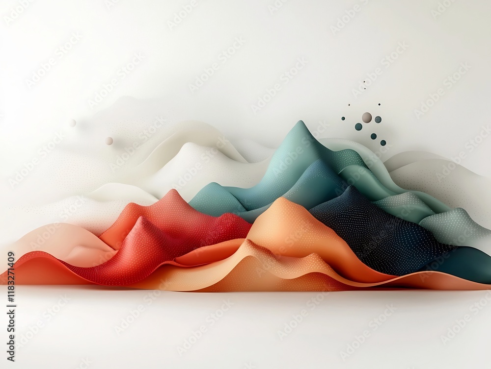 Poster a striking abstract scene featuring a pastel toned landscape of flowing dots and minimalist geometri