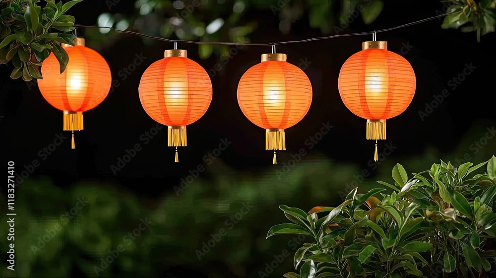 Poster chinese new year prosperity concept. colorful paper lanterns illuminate a garden, creating a warm an