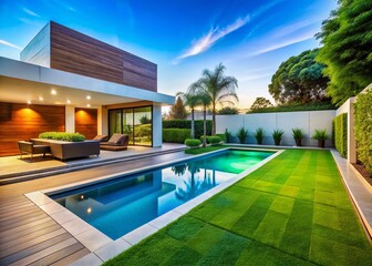 Modern Poolside Oasis: Lush Green Artificial Grass Lawn & Relaxing Outdoor Space