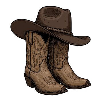 Cowboy boots and western hat. Vector graphic hand drawn illustration rodeo cowboy clothes isolated on white for print or design
