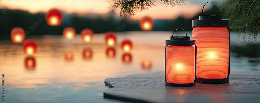 Poster Chinese new year prosperity concept. Serene lanterns glowing softly by the water at twilight, creating a calming atmosphere.