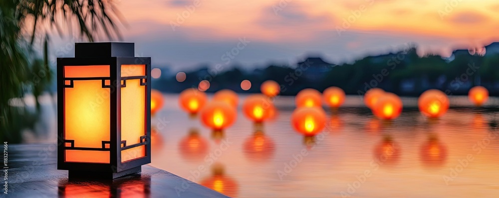 Aufkleber chinese new year prosperity concept. a serene view of lanterns glowing by the water at sunset, creat