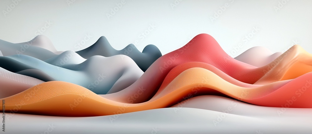 Poster undulating pastel formations across dramatic mountainous terrain abstract 3d rendered minimalist lan