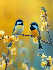Fototapeta premium The image shows two Parus majors perched on branches amidst white flowers.
