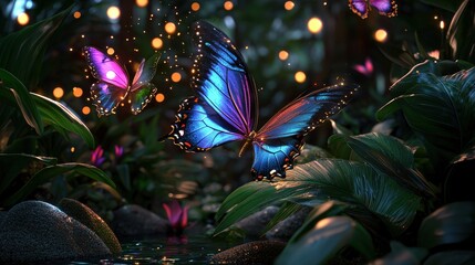 A vibrant scene featuring colorful butterflies amidst lush greenery and twinkling lights, creating a magical, enchanting atmosphere.