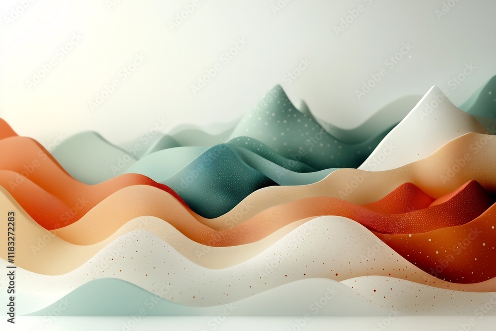Poster vibrant pastel landscape with mesmerizing waves of dots and lines cascading across a majestic alpine