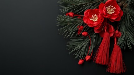 Obraz premium Chinese New Year tassels and red camellia flowers in black background photo for copy space greeting card, advertisement, campaign.