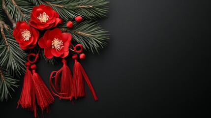 Obraz premium Chinese New Year tassels and red camellia flowers in black background photo for copy space greeting card, advertisement, campaign.