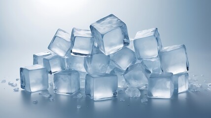 Obraz premium High-Resolution Close-Up of Transparent Ice Cubes with Sparkling Light Effects on Gradient Blue Background