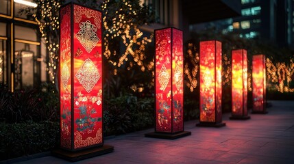 Chinese new year lighting idea. Vibrant red lanterns illuminate a festive night scene, adding warmth and color.
