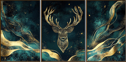 Obraz premium Golden deer on abstract waves and stars in triptych