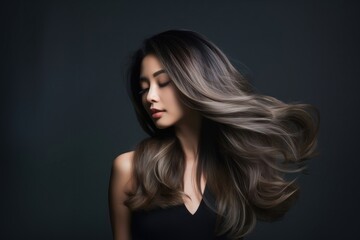 Naklejka premium Hairdresser styling balayage hair portrait adult woman.