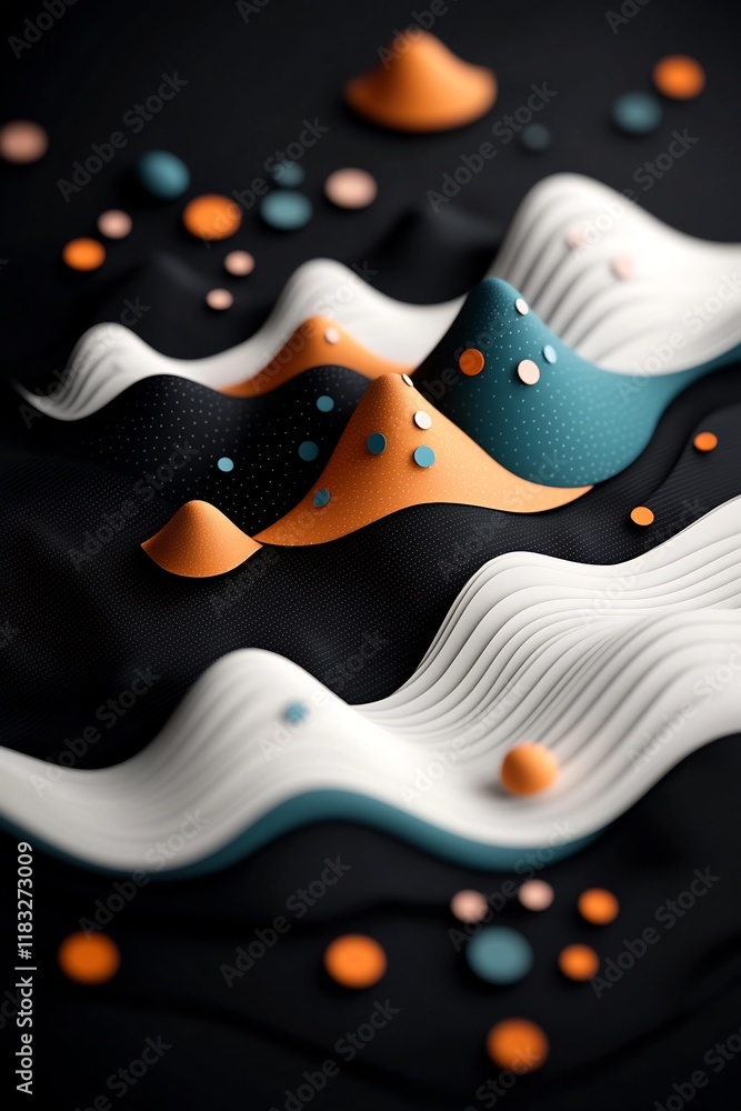 Poster serene and ethereal abstract landscape composition with soft pastel colored waves and floating dots 