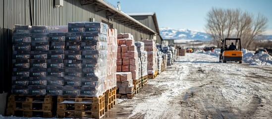 Winter Warehouse Storage: Pallets of Goods in Snowy Yard