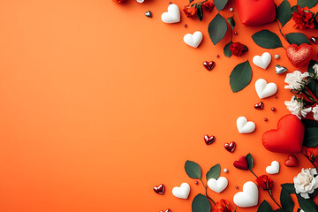 The image depicts an orange background adorned with white flowers, green leaves, and colorful hearts.valentine's day background.