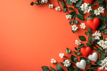The image depicts an orange background adorned with white flowers, green leaves, and colorful hearts.valentine's day background.