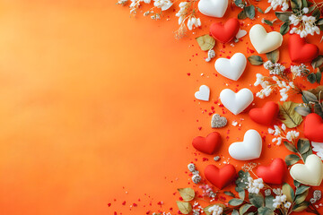 The image depicts an orange background adorned with white flowers, green leaves, and colorful hearts.valentine's day background.