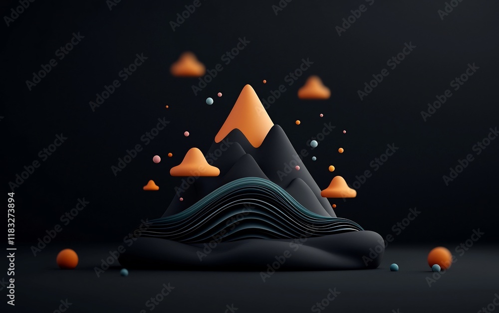 Poster minimalist abstract dark background with pastel dots and undulating lines composing a wave shaped mo