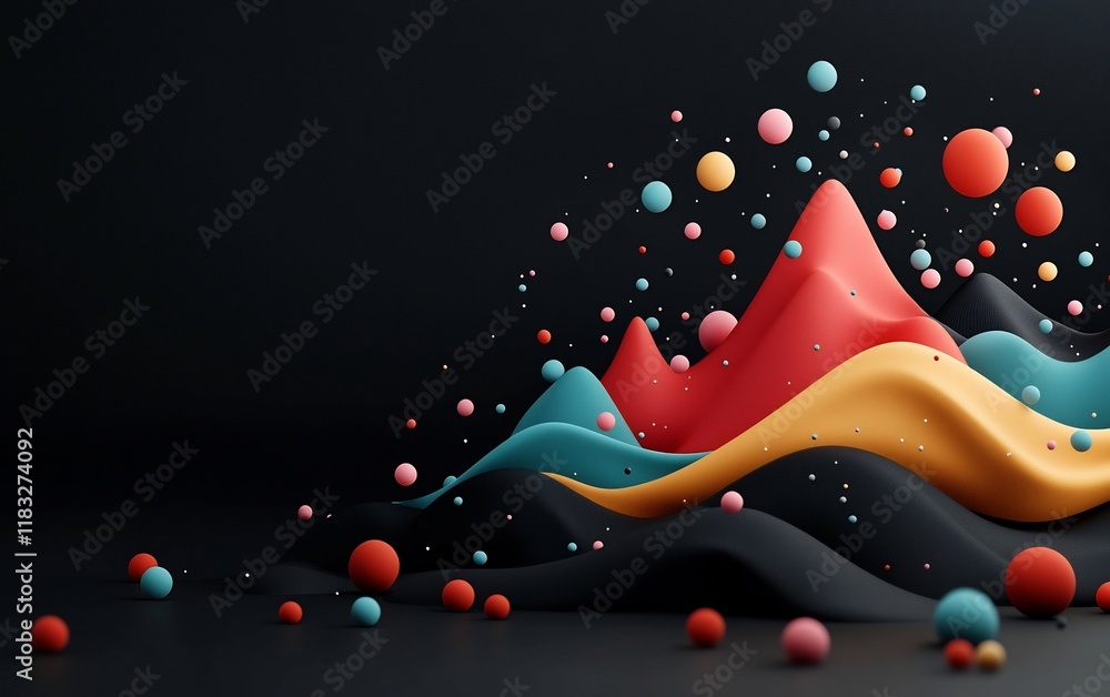 Poster minimalist dark black environment with pastel dots and undulating lines composing a wave shaped moun