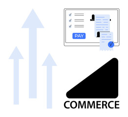 Digital transaction receipt, completed online payment, growth arrows indicating upward trend, commerce symbol. Ideal for e-commerce, online payments, business growth, digital transactions, financial