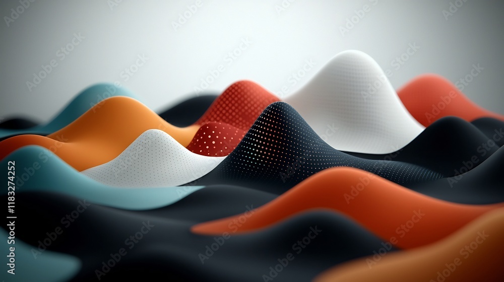 Poster captivating minimalist digital artwork featuring a dark base with pastel colored dots and wavy lines