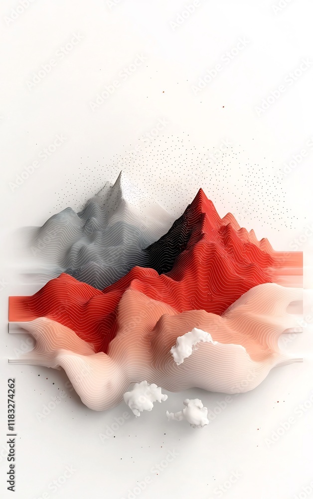 Poster pastel hued abstract mountains with cascading wave pattern of dots and lines 3d rendering on bright 
