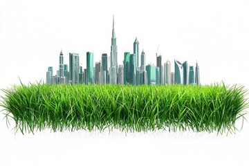 Fototapeta premium Green Grass and City Skyline: Urban Development, Sustainability, Green Space, Environmentalism, Ecology, Nature, Architecture, Cityscape, Grass, Skyscrapers