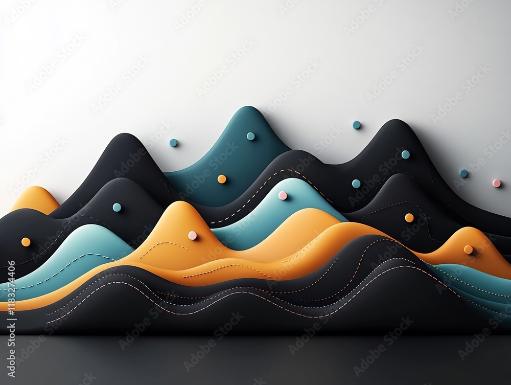 Poster minimalist abstract landscape with pastel colored dots and wavy lines forming a mountain like patter