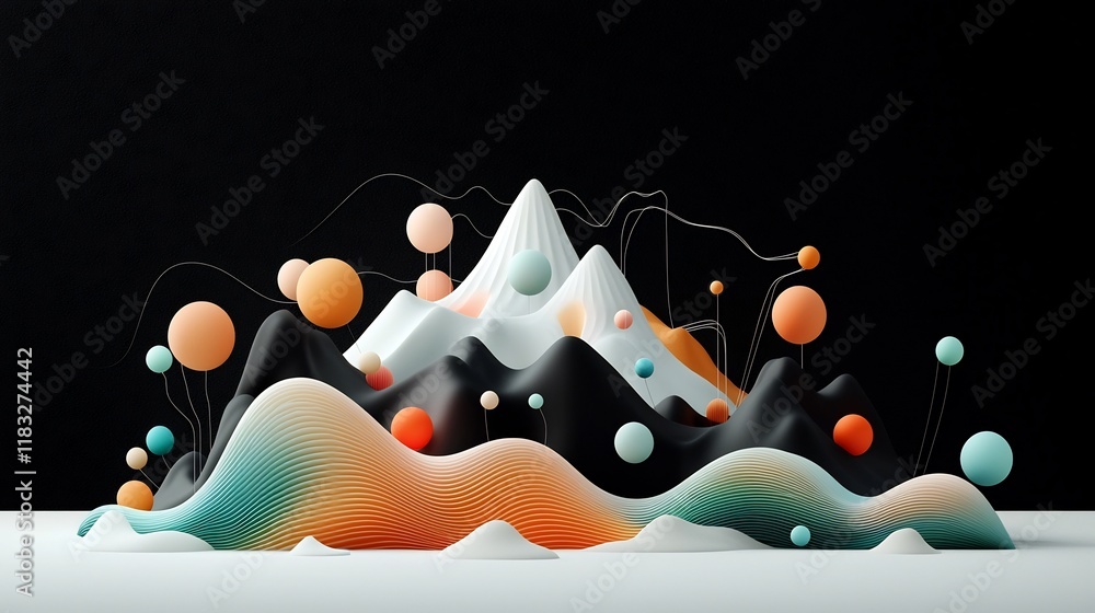 Poster mesmerizing abstract landscape with a captivating arrangement of pastel colored dots and flowing lin