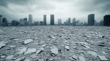 Desolate Cityscape: A haunting panorama of a city skyline looming over a vast expanse of rubble, conveying a sense of post-apocalyptic desolation and environmental collapse.