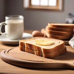 cup of milk and toast bread sandwich with butter 
