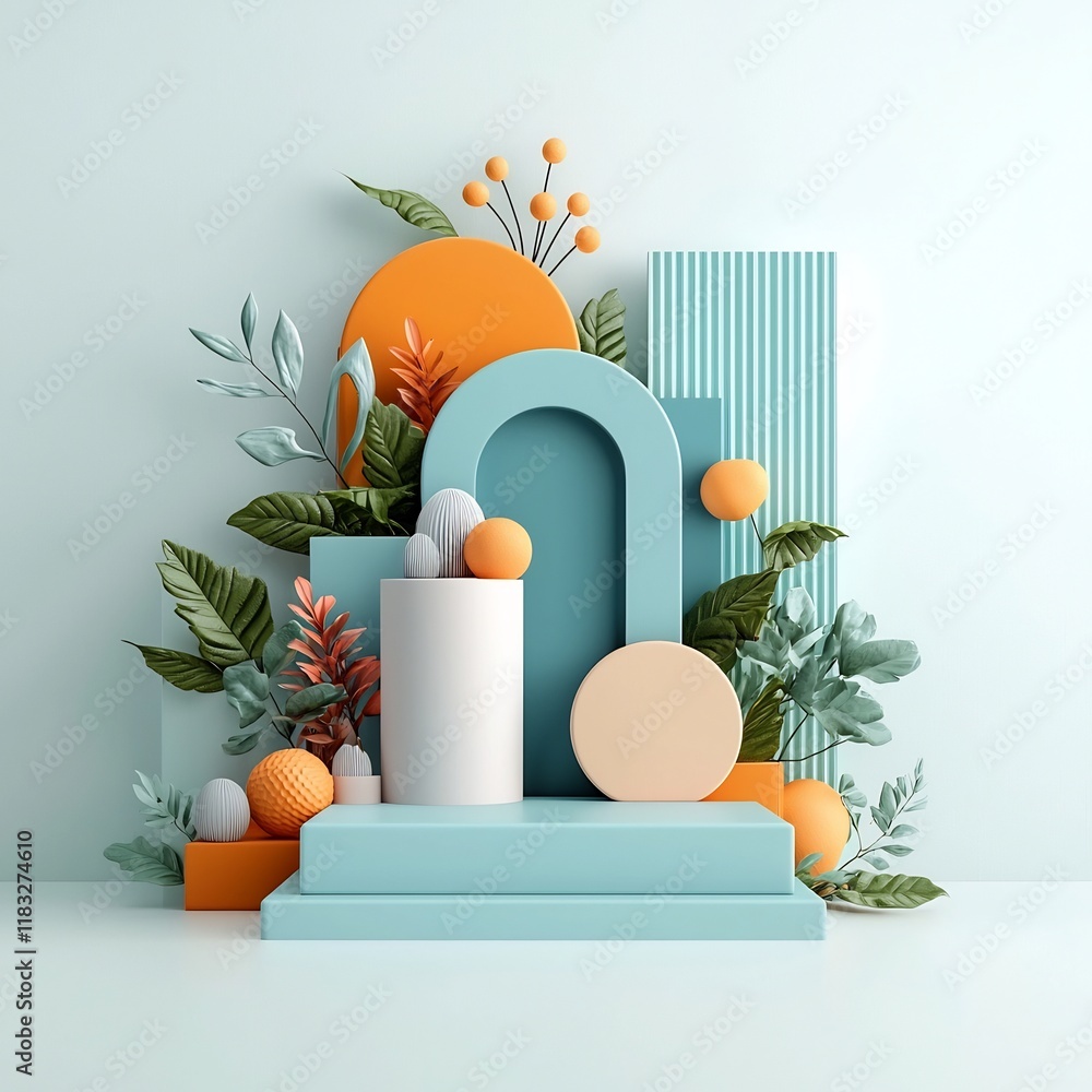 Poster pastel toned abstract composition featuring a minimalist 3d render of geometric shapes and curving p