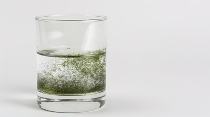 Close-up of a glass of water with a faint greenish tint, symbolizing arsenic contamination, on a plain white background with copy space. Environmental pollution and toxic substance danger concept.