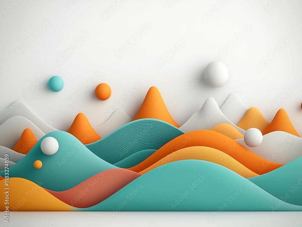 Poster pastel toned digital artwork depicting a minimalist stylized landscape with a wave like pattern of g