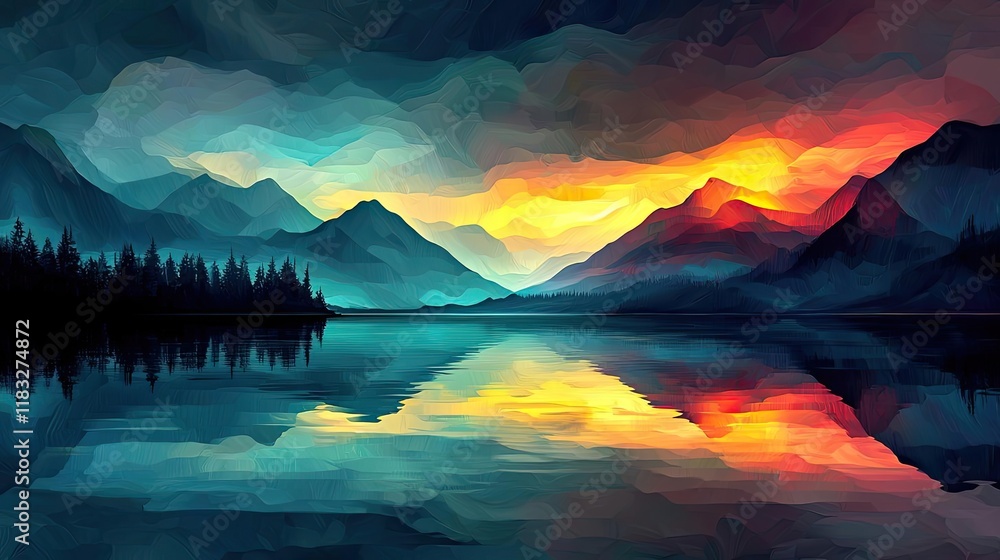 Aufkleber scenery abstract background idea. stunning abstract landscape with vivid colors reflecting in calm w