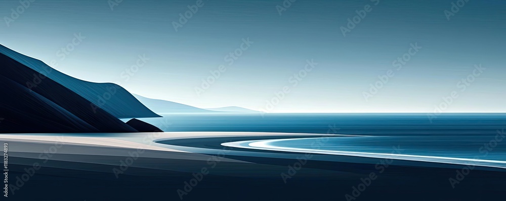 Poster Scenery abstract background idea. A serene coastal view featuring gentle waves and calming mountains under a tranquil sky.