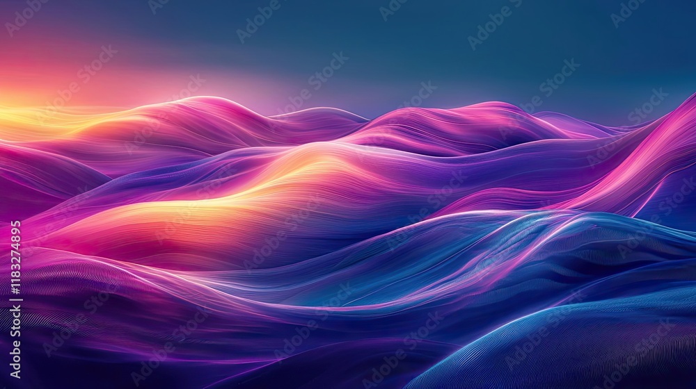 Poster Scenery abstract background idea. Vibrant abstract landscape with flowing waves of colors under a mesmerizing sunset.