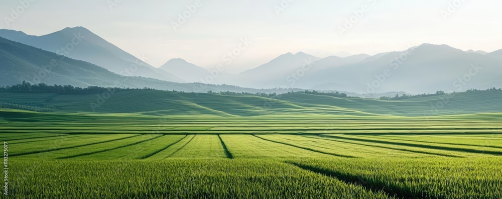 Poster scenery abstract background idea. a scenic view of lush green fields and distant mountains under a c