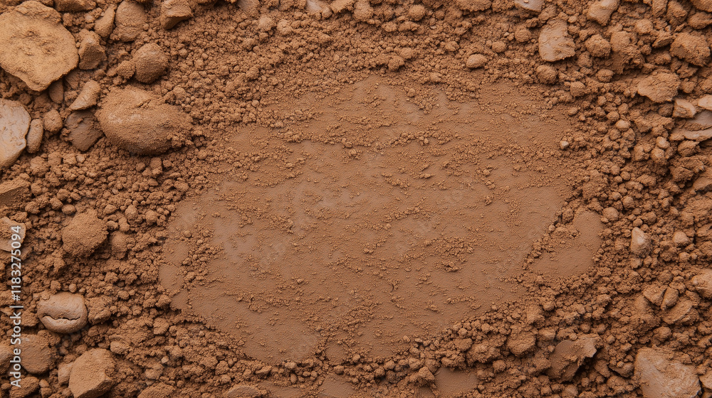 Poster red clay texture with natural stones: a close-up shot of red clay soil with a circular space in the 