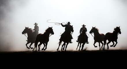 vector set of Cowboy rodeo set wild horses. Vector rodeo silhouette of cowboy riding wild horses isolated on white for design
