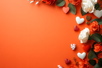 The image depicts an orange background adorned with white flowers, green leaves, and colorful hearts.valentine's day background.