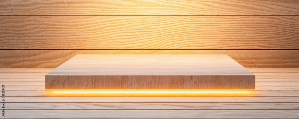 Poster minimal furniture idea. a modern wooden display platform with ambient lighting for showcasing produc