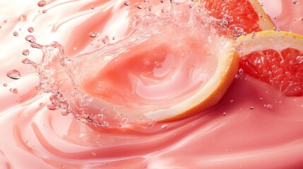 Grapefruit slices splashing into pink liquid.