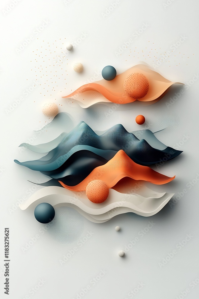Poster ethereal and mesmerizing 3d rendered scene featuring a minimalist mountainous landscape with pastel 