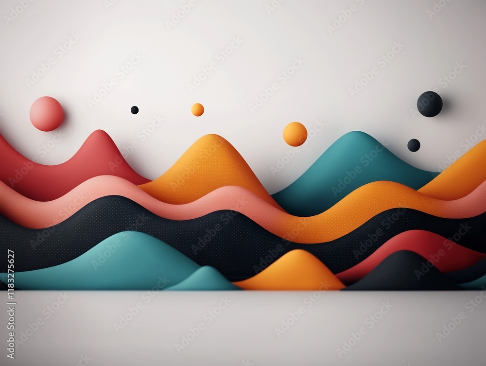 Poster visually captivating abstract digital art featuring a serene mountainous terrain composed of flowing