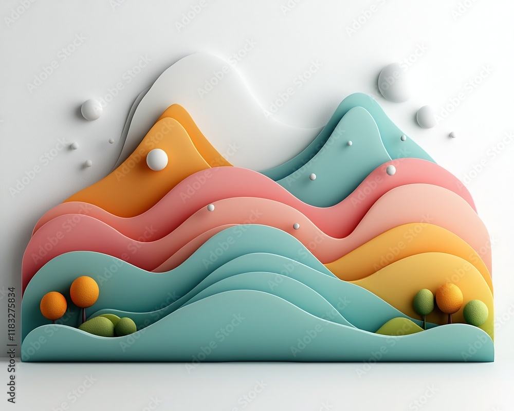 Poster serene and ethereal pastel mountain silhouettes with dotted and striped patterns against a minimalis